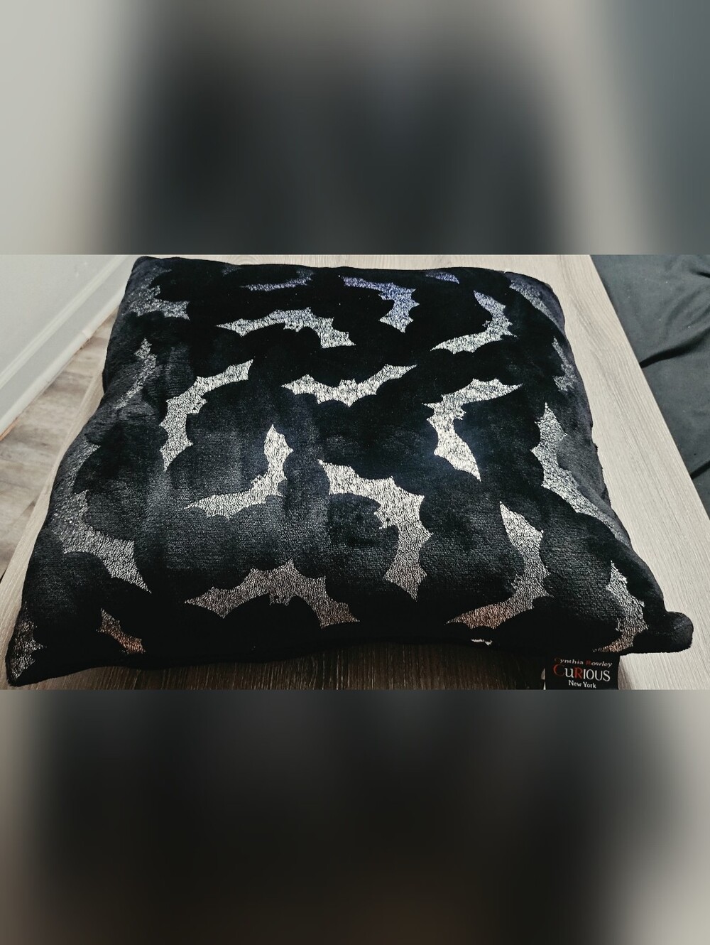 Cynthia Rowley Curious NY Shimmer Bat black sq Halloween decor pillow